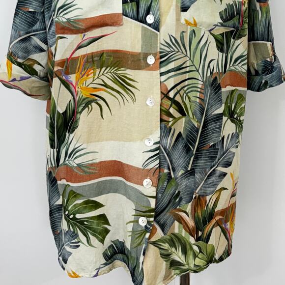 SHORE Linen-Blend Short Sleeve Top Button Down Shirt Tunic Coverup Floral XS - Picture 4 of 10